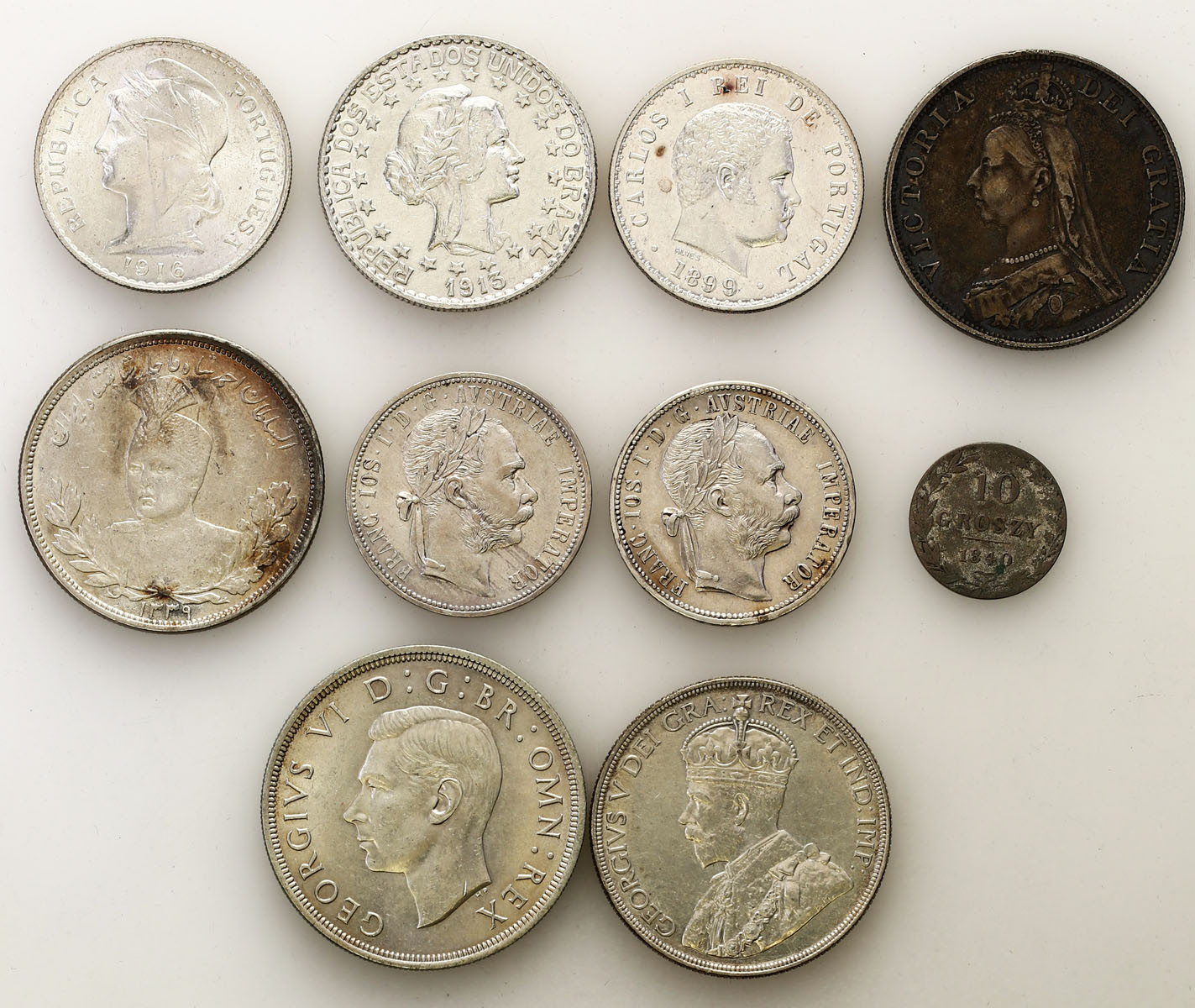 Świat - Polska, Iran, Portugalia, Austria, Wielka Brytania, Kanada, zestaw 10 monet, srebro